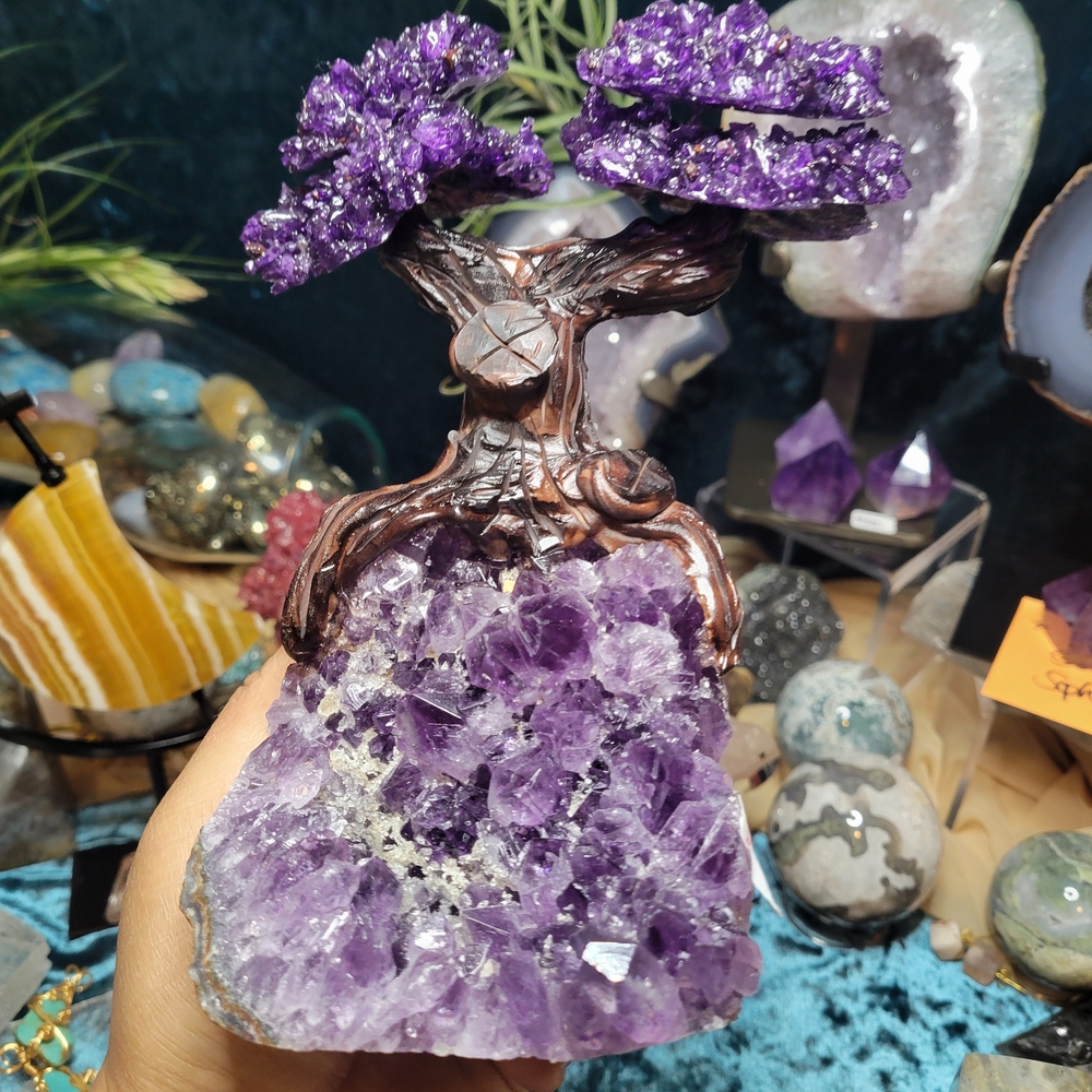 8"H 2.7lbs | Amethyst Crystal Bonsai Tree With Calcite Druzy | From Brazil